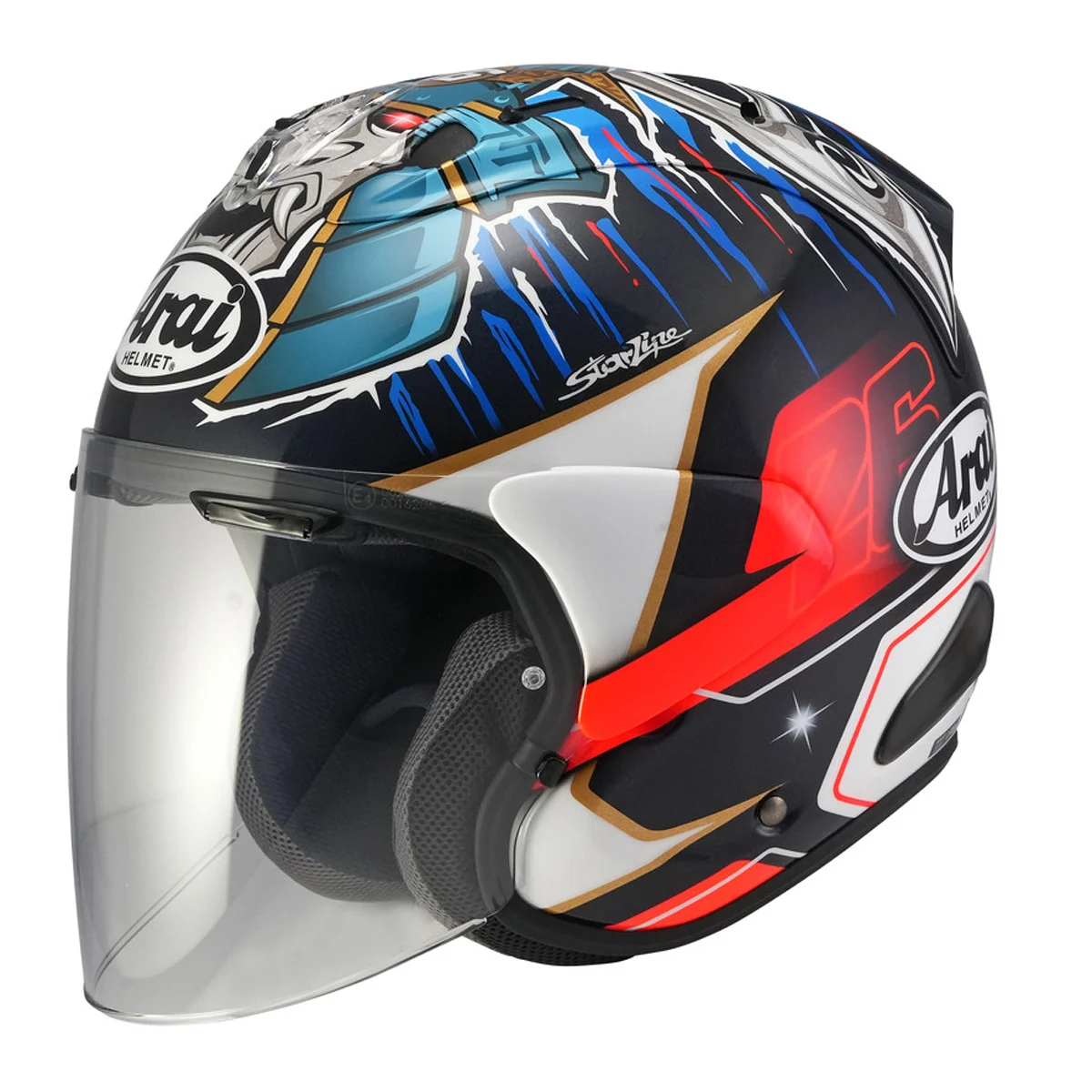 casque moto jet arai déco replica pedrosa shogun samourai bleu blanc rouge jaune