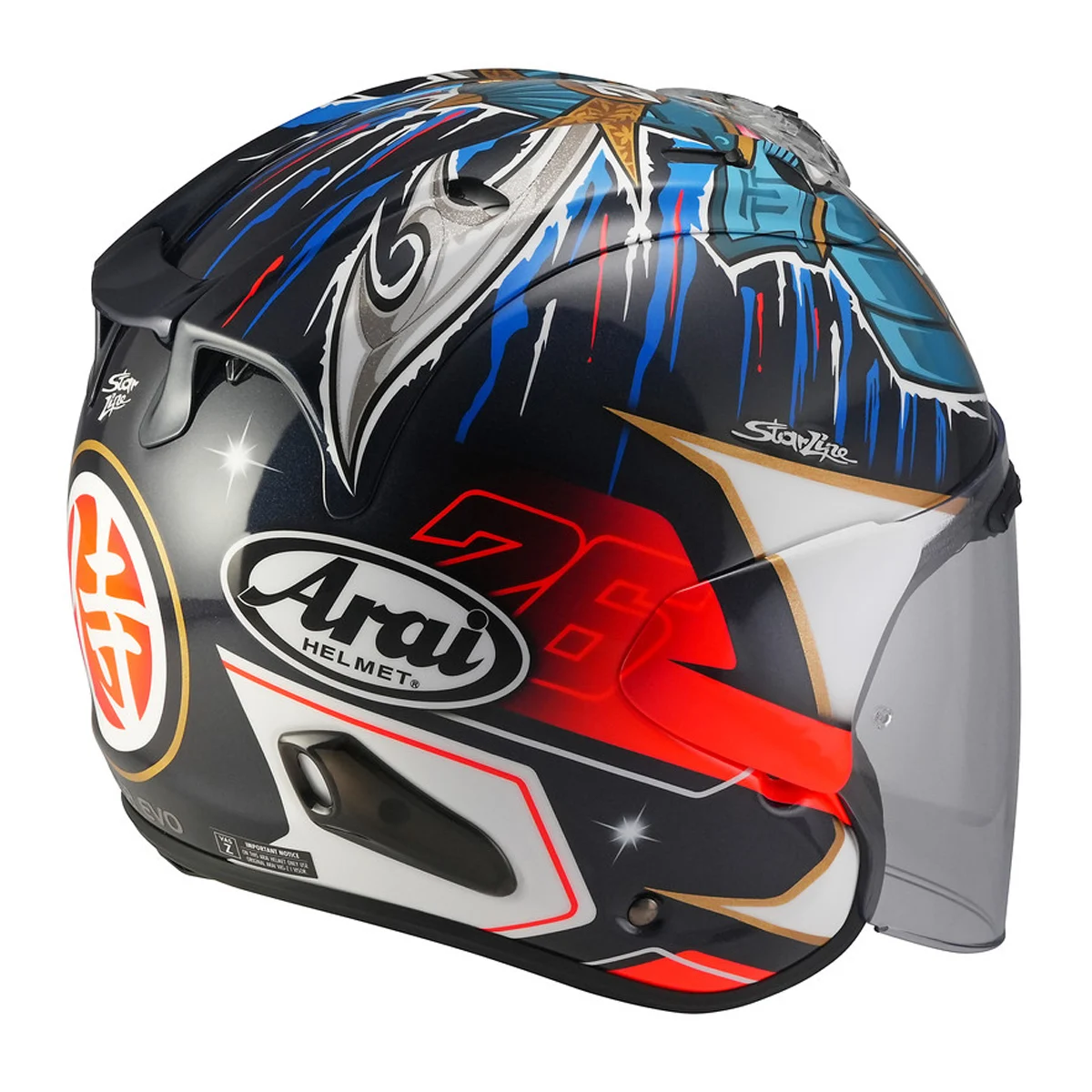 casque moto jet arai déco replica pedrosa shogun samourai bleu blanc rouge jaune