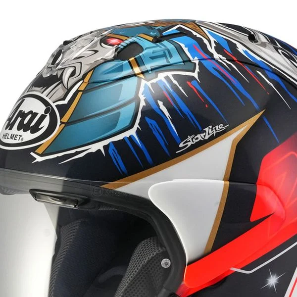 casque moto jet arai déco replica pedrosa shogun samourai bleu blanc rouge jaune