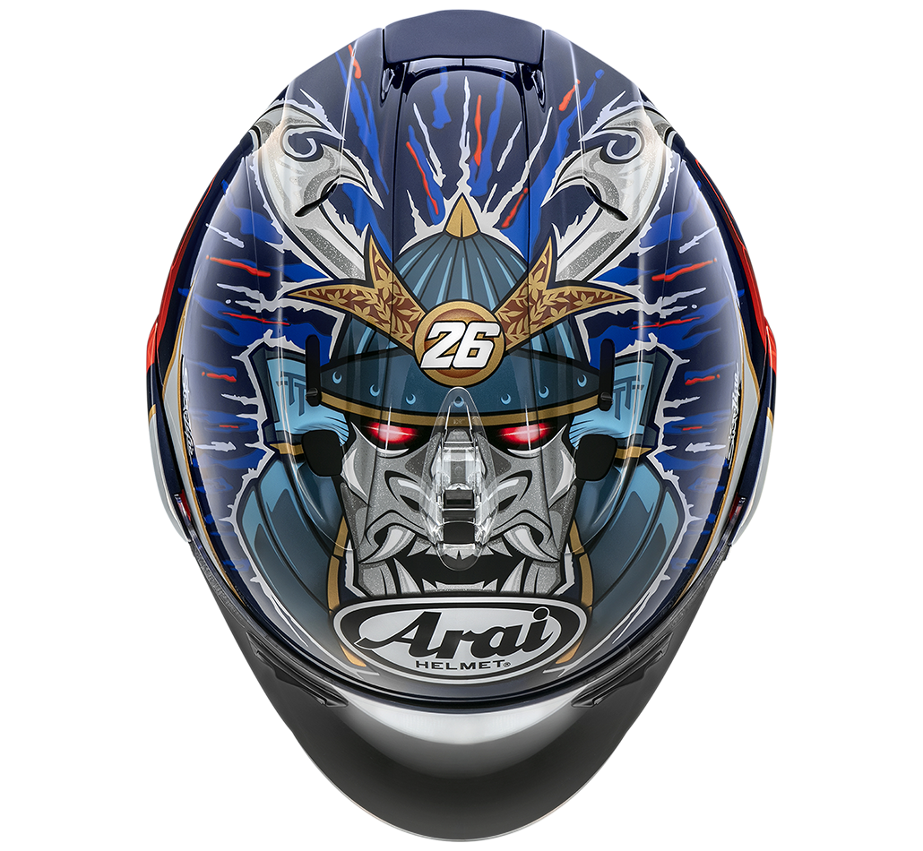 Casque Arai SZ-R VAS Pedrosa Shogun jet arai déco replica pedrosa shogun samourai bleu blanc rouge jaune vue de haut