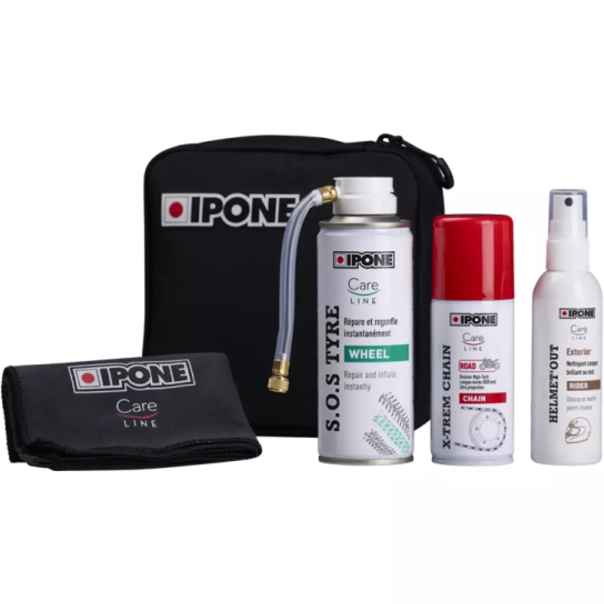 Road-trip-kit- ipone : graisse de chaine + microfibre + bombe anti crevaison + nettoyant casque
