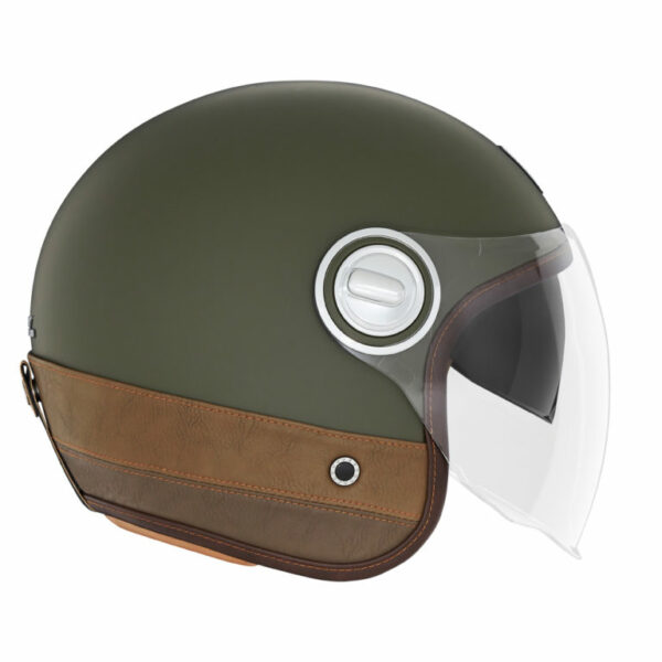 Casque jet moto homologué look vintage d'aspect mat avec une bande de cuir sur la partie inférieur